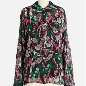NWT Modcloth Sheer Shimmer Ballerina Print Button Down Shirt, Size Small